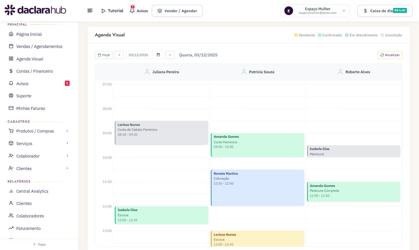 Agenda visual do daclara hub com uma coluna para cada profissional e os atendimentos do dia coloridos por situação