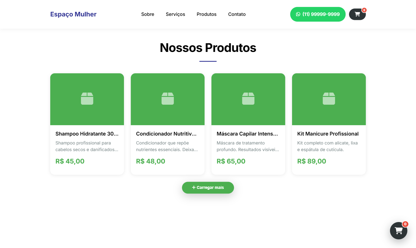 Página pública de uma empresa no daclara hub, com os produtos à venda, preços, carrinho e botão de WhatsApp