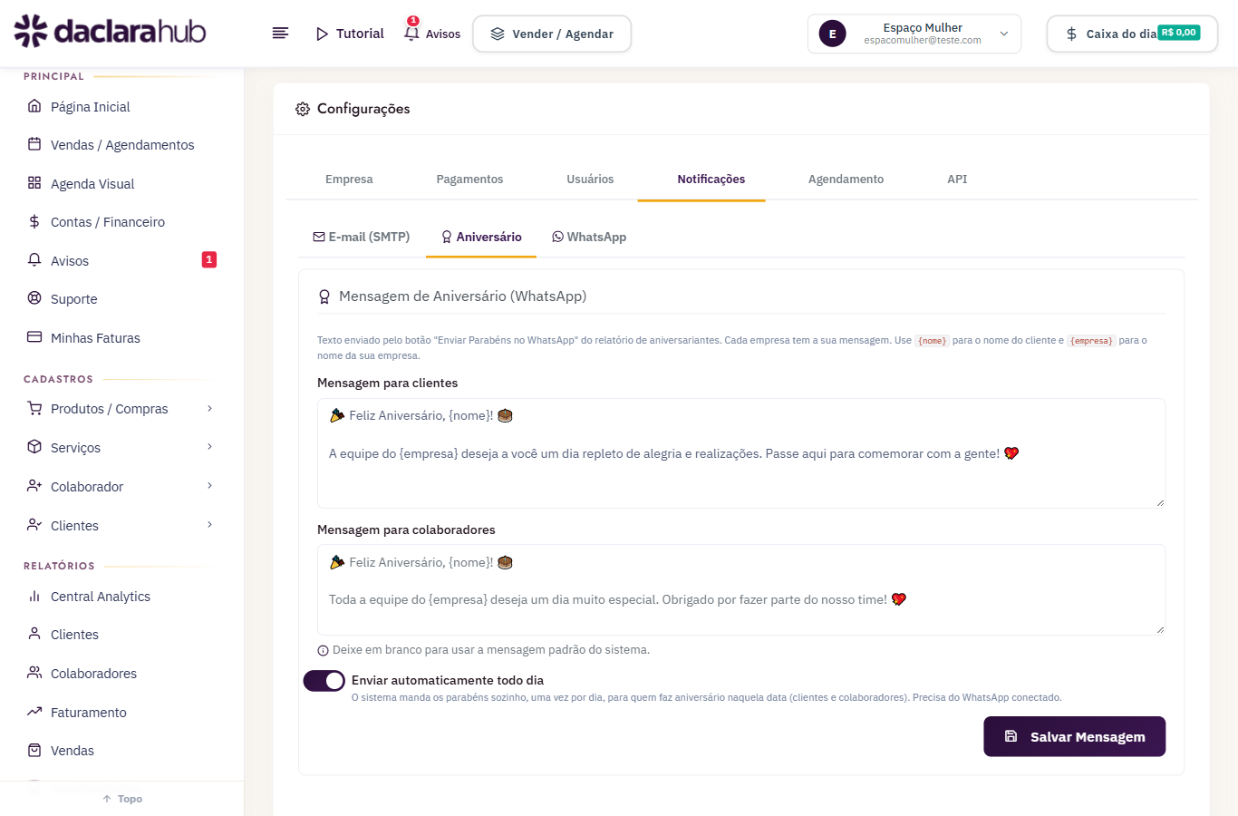 Tela de configurações do daclara hub com as mensagens de aniversário e o envio automático diário ligado